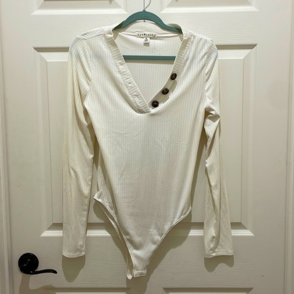 Eye Candy Cream Ribbed Long Sleeve V-Neck Bodysuit